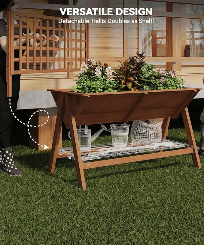 CABIHOME 2-in-1 Raised Garden Bed with Legs Large Elevated Wooden Raised Planter Box with Vine Climbing Trellis-Standing Growing Bed for Growing Vegetables Flowers Herbs
