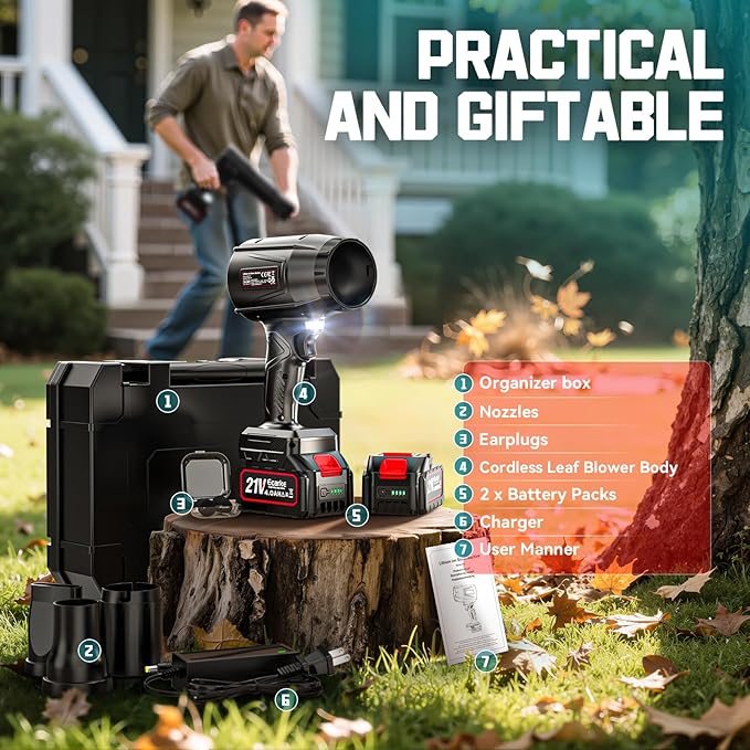Leaf Blower Cordless Ecarke Portable Dust Cleaner 800000RPM Handheld Brushless Turbo Jet Blower for Lawn Care Patio Cleaning Leaves with 2X 4.0Ah Battery Charger Storage Case Included
