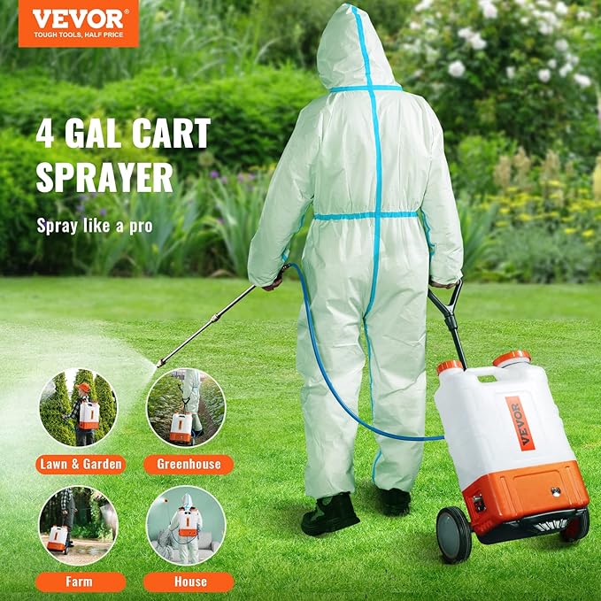 VEVOR 4 Gallon Battery Powered Backpack Sprayer with Wheeled Cart Adjustable 0-94 PSI 13FT Hose 6 Nozzles 2 Wands Included Wide Mouth Lid for Weeding Cleaning Long Spray Time Without Fatigue