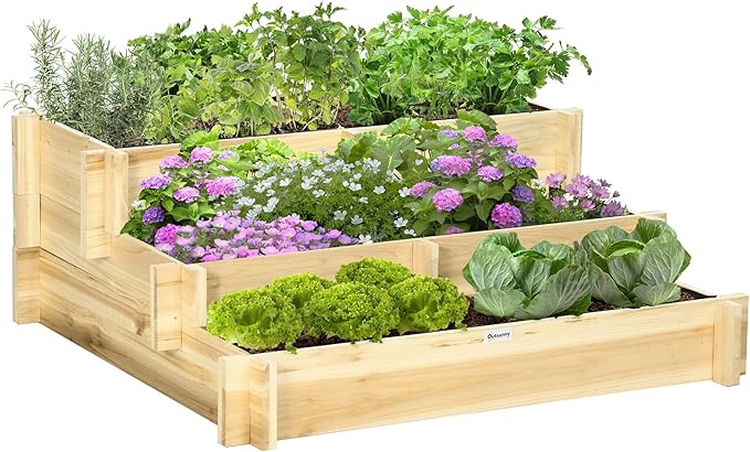 Outsunny 3-Tier Raised Garden Bed with 5 Compartments and Bed Liner Fir Wood Elevated Planter Box for Vegetables Herbs Outdoor Plants 37 x 37 x 14in Natural