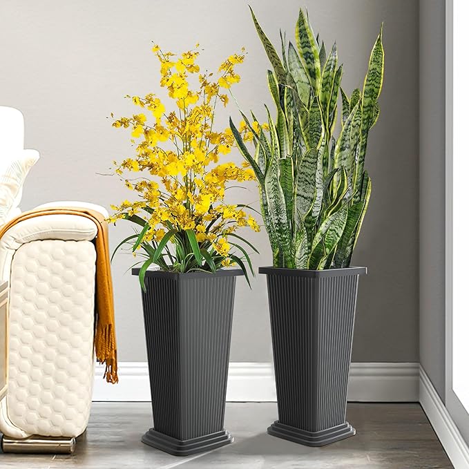 Set of 2 Tall Planters 24 Large Indoor Outdoor Flower Pots with Tray Modern Tapered Planters for Porch Patio Garden Backyard