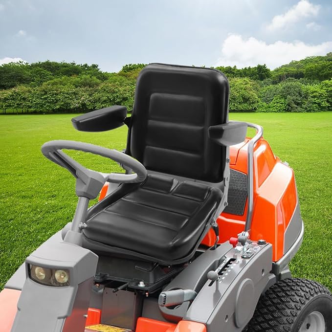 Universal Forklift Seat Garden Tractor Seat with 30°-180° Adjustable Angle Backrest&amparmrests Waterproof Lawn Mower Seat Pvc Mower Seat Fits Excavator Skid Loader Backhoe Dozer Telehandler