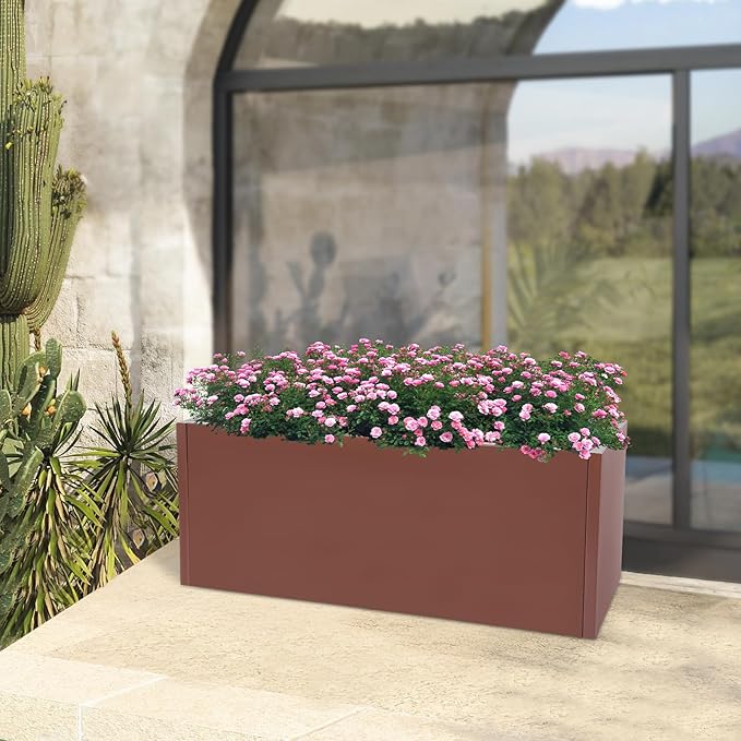 Metal Raised Garden Bed Modern Rectangular Planter Flower Box for Indoor Outdoor Balconies Gardens Decks Patios Decks Front Porches 38 * 15 * 15 in (Brown)