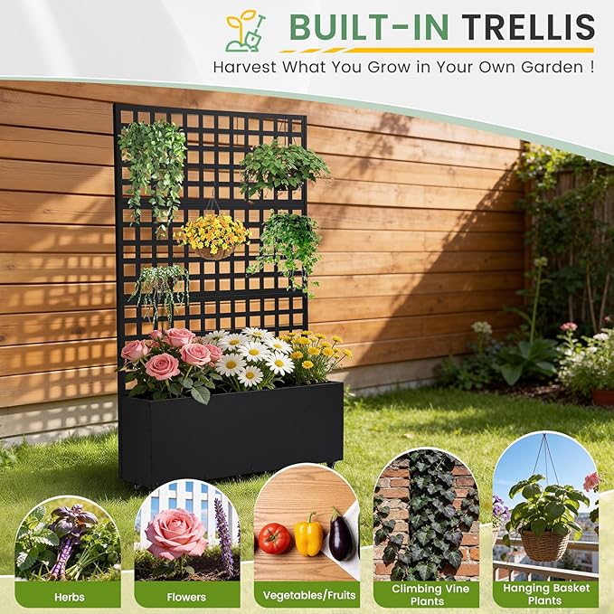 LVUYOYO Metal Raised Garden Bed Planter Box with Trellis &amp Wheels Outdoor Patio Garden Beds Flower Box with Privacy Screen &amp Drainage Holes for Climbing PlantsVegetables Vines