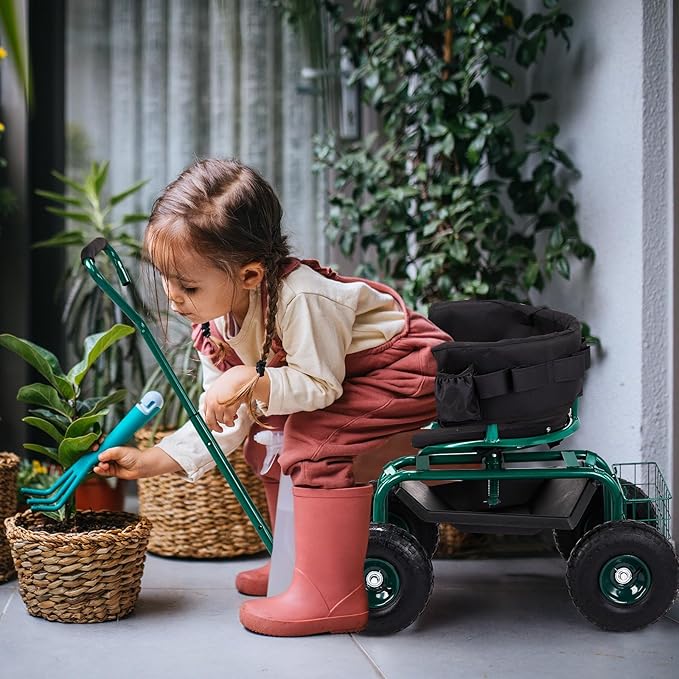 Rolling Garden Work Seat with Wheels Gardening Stool for Planting 360 Degree Swivel Seat Garden Scooter with Steering Handle &amp Tool Tray. (Garden Seat with Backrest)
