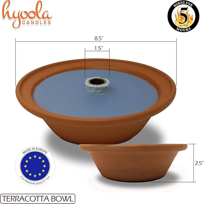 Hyoola 5 Hour Outdoor Firebowl Candle - Unscented Large Flame Wick in Terra Cotta Bowl - Insect and Mosquito Repellent Effect - for Table Patio Yard Camping Outdoors - Blue.