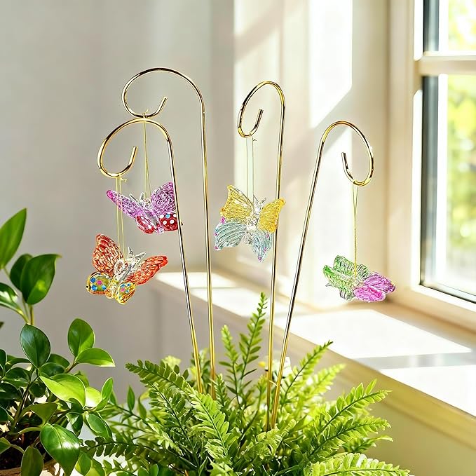 13 Pack Small Golden Trellis for Potted Plants Indoor Garden Decorations (Crystal Ball Prisms &amp Blown Glass Butterfly)