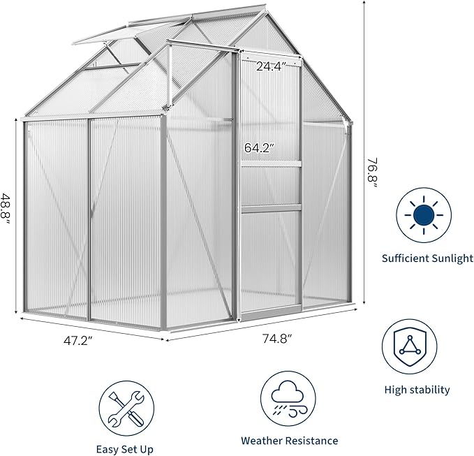 GarveeHome 6x4FT Greenhouse Small Walk-in Polycarbonate Greenhouse with Adjustable Vent Window Sliding Door Portable Green House Kit for Outdoors Winter