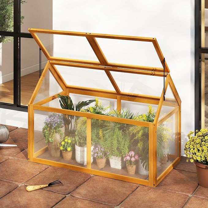 Wood Cold Frame Greenhouse Portable Raised Planter Bed Protection with Transparent Flip-top Roof Small Hot House for Balcony Garden Sunroom Indoor Outdoor (40”x21”x28”)