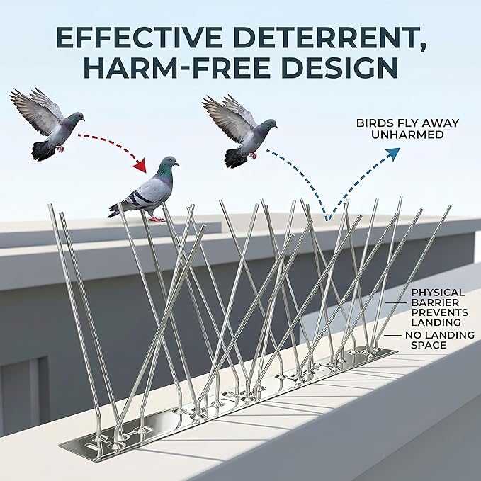 Stainless Steel Bird Spikes for PigeonsPre-AssembledAnti Bird Deterrent Spikes for Woodpeckers Squirrels RaccoonsWeatherproof Fence Spikes for Roof RailingPatio 9.84 Feet
