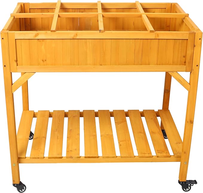 Elevated 8 Pocket Garden Bed Mobile Raised Customizable Wood Planter for Vegetables Flowers w/Lockable Wheels Storage Shelf Drainage Holes