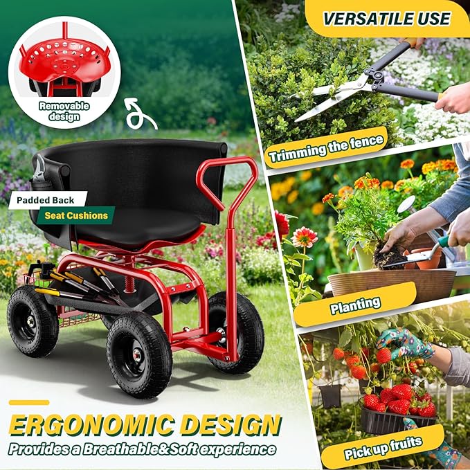 Garden Seat with Wheels Rolling Garden Stool with Adjustable 360°Swivel Seat Storage Basket &amp Extendable Handle Outdoor Gardening Scooter Garden Cart Workseat Stools for Seniors