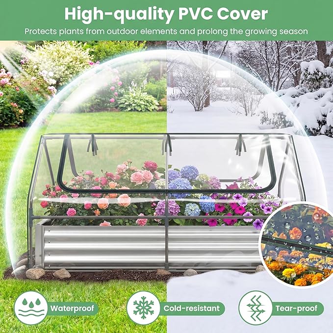 HAPPYGRILL Raised Garden Bed with Cover Galvanized Metal Planter Box Kit w/2 Large Zipper Mesh Screen Windows Outdoor Raised Beds for Gardening Flowers Vegetables (Silver)