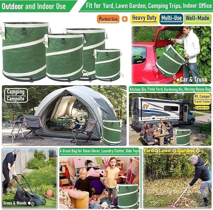 24-Gallon Collapsible Trash Can (19x21 in) Hard-Shell Bottom Leaf BagYard Waste BagsGarden Debris BagRV Camp Waste BinPop-Up Trash CanRecycling BinLaundry HamperLawn Grass ClippingsWeed Barrel
