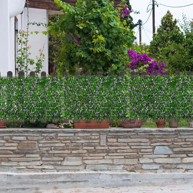 Expanding Garden Trellis Panel Artificial Hedge Wall Panels Garden Privacy Screen with Ivy and Violet Flower Adjustable Fake Leaf Wall Greenery Hedge Plant for Gardens Backyard Balcony
