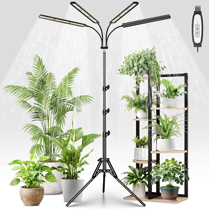 FOXGARDEN Grow Lights for Indoor Plants Full Spectrum with Tripod Stand Tall Grow Lights for Indoor Growing with Flexible Gooseneck Four-Head Plant Light with 4/8/12H Timer &amp 4 Brightness Levels