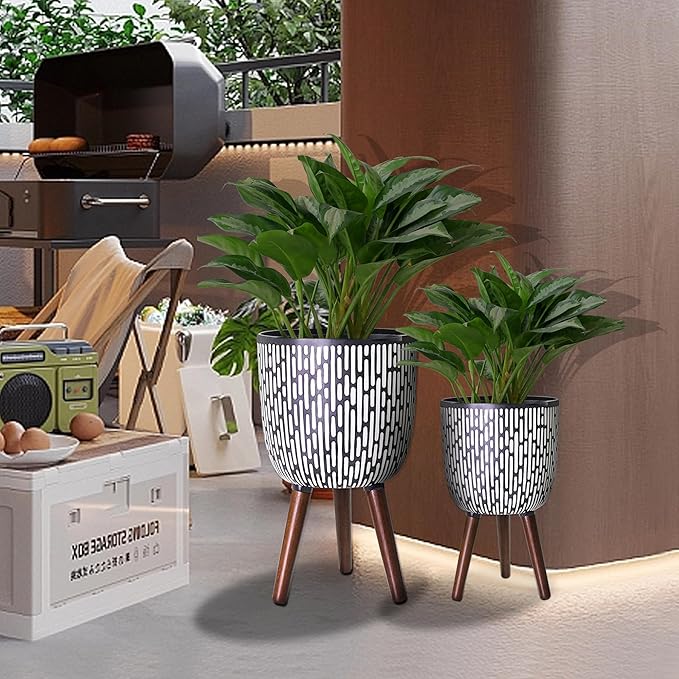 2 Set Plant Pot with Stand 10 &amp 12 inches Mid-Century Large Planter with Legs for Indoor Plants Boho Print Standing Plant Pot with Drainage Plug for Monstera Herb Succulent Flower Pot