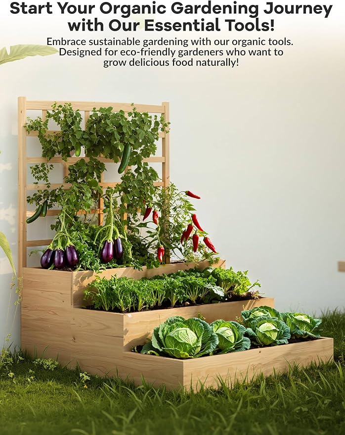 3-Tier Elevated Garden Planter Wooden Vertical Raised Bed with Trellis &amp Drainage Base – Ideal for Climbing Plants Flowers Herbs Vegetables – Outdoor Planter Box for Patio Yard or Lawn