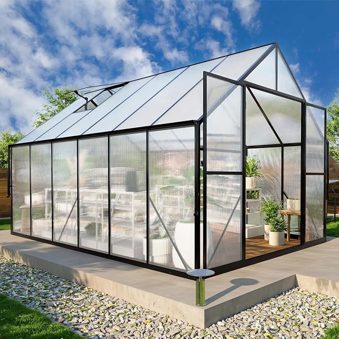 8x12 FT Greenhouse for Outdoors Polycarbonate Green House with Adjustable Roof Vent and Rain Gutter Aluminum Large Walk-in Greenhouse with Quick Setup Structure for Outside Garden Backyard Patio
