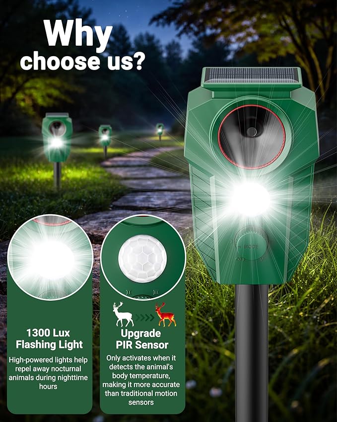Solar Ultrasonic Animal Repellent Outdoor - Deer Repellent Devices with Motion Sensor &amp Flashing Lights Waterproof Deterrent for Yard Garden to Repel Cats Squirrels Raccoons