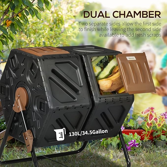 Compost Bin Outdoor 43 Gallon Dual Chamber Tumbling Composting with Sliding Doors Large Compost Tumbler Compost Bin for Garden Kitchen and Yard Waste Black+Brown