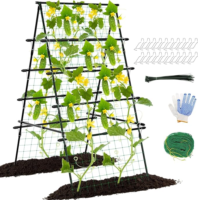 6ft Cucumber Trellis for Raised Bed Garden Trellis for Climbing Plants Outdoor A Frame Metal Trellis Support with Net for Vegetables Tomato Zucchini Squash Beans Peas Melons Rose FlowersVines