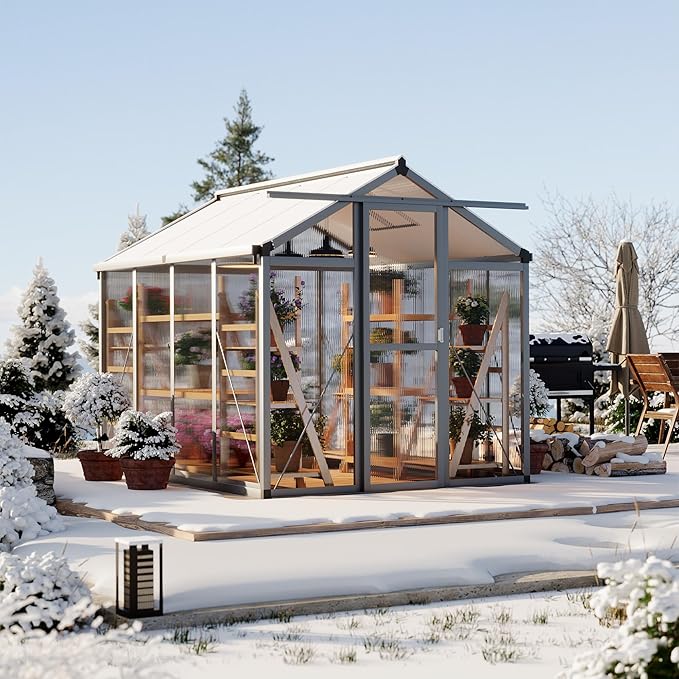 6x8 FT Greenhouse Polycarbonate Walk-in Greenhouse for Outdoors with Roof Vent &amp Lockable Smooth-Gliding Sliding Door Heavy-Duty Aluminum Green House for Garden Backyard Patio Lawn Dark Grey