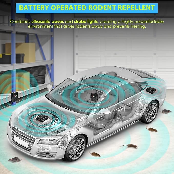 Ultrasonic Rodent Repellent for Car Engine – Battery Powered Under Hood Mouse Repeller with Flashing Strobe Light Keeps Rats and Mice Away from Vehicle Automobile Truck Garage Attic Barn Shed