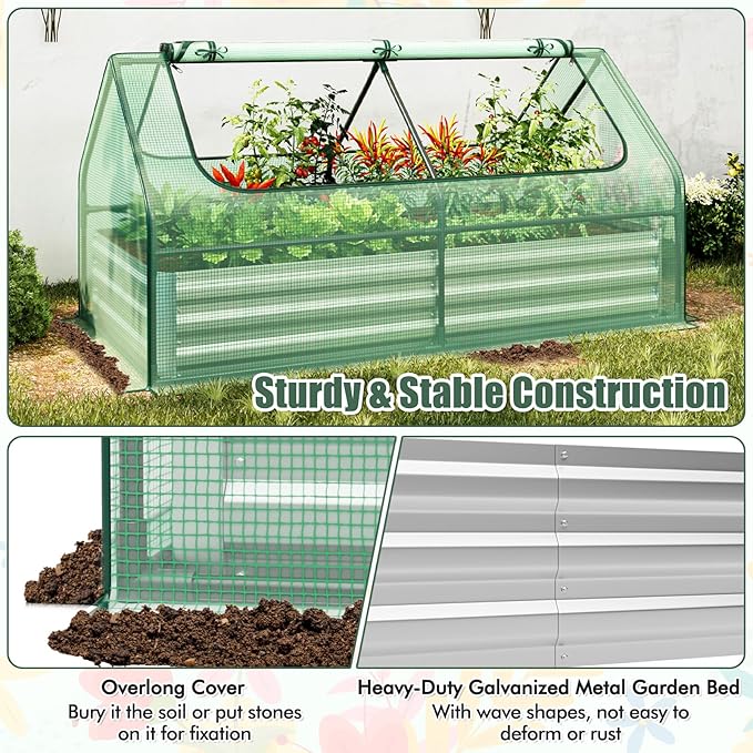 Giantex Galvanized Steel Raised Garden Bed with Mini Greenhouse Outdoor Metal Planter Box Kit with Large Roll-up Cover 71x 35.5x 36 Planter Raised Bed for Flower Vegetable Fruit (Green &amp Silv