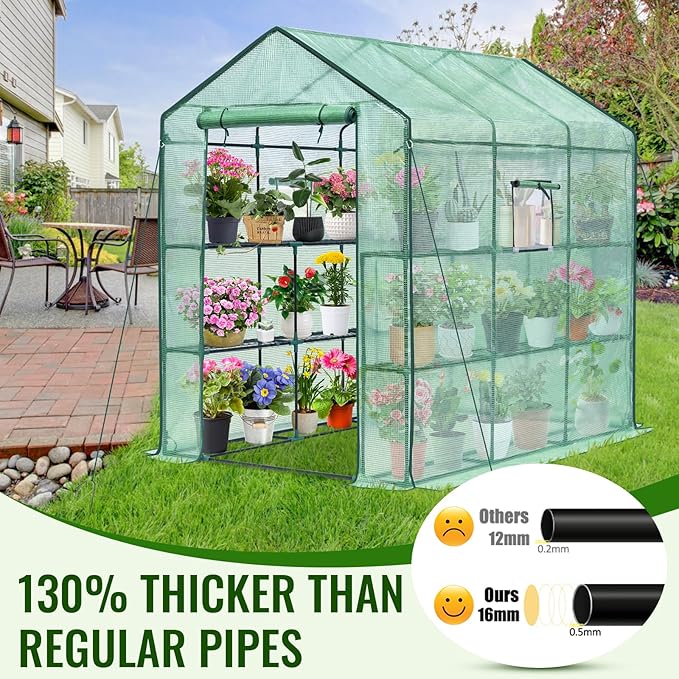 Greengro Greenhouse 57 x 85 x 76'' Greenhouses for Outdoors Portable Greenhouse Kit with Mesh Side Windows PE Cover 8 Shelves Heavy Duty Walk in Green House for Backyard Garden Indoor Outside