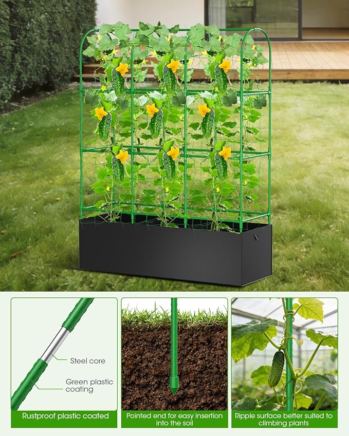 Cucumber Trellis with Grow Bags for Garden U Frame Garden Trellis for Climbing Plants Metal Plant Trellis with Garden Netting for Vegetables Flowers Fruits(4 Arches)