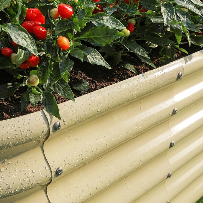 Land Guard 18“ Tall Outdoor Metal Raised Garden Bed Oval Deep Root Planter Box for Vegetables Flowers Herbs 89 Gallon Capacity - Cream Yellow