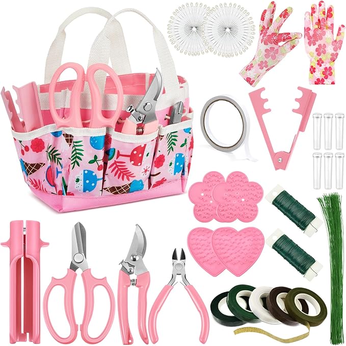 Lasnten 211 Pcs Gardening Tools Kit Floral Arrangement Supplies Pink Tote Storage Bag and Flower Stripper Floral Gloves Pruning Shears Scissors Etc Bouquets Crafts Gifts for Women Valentine's Day