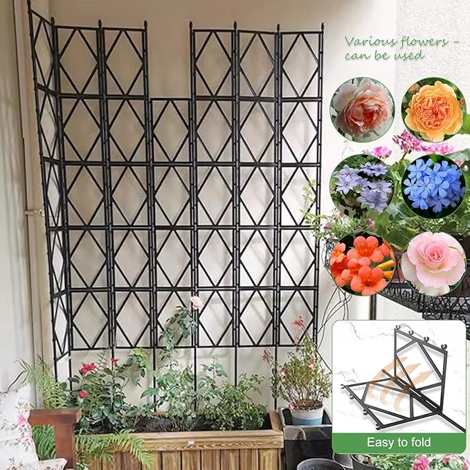 Garden Trellis for Climbing Plants Black Metal Flower Rose Stand Plant Support Frame Folding Outdoor Screen Trellis(60CMx220CM(2FTx7.2FT))