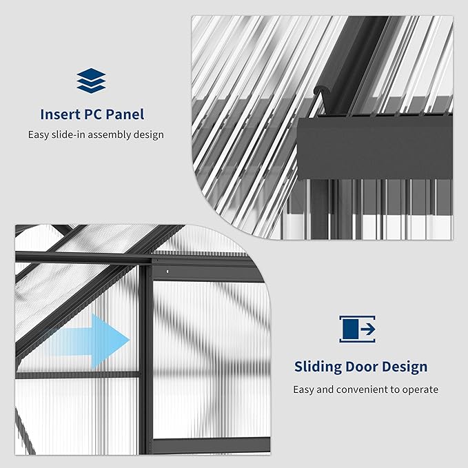 6X6FT Walk-in Polycarbonate Greenhouse Outdoor Weatherproof Greenhouse Kit with Adjustable Roof Vent Sliding Door &amp Gutter Drainage Portable Green House for Patio Backyard Winter Gardening