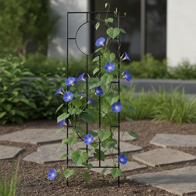 Samsara Wrought Iron Garden Trellis Asian-Inspired Free-Standing Vertical Plant Support with Hanging Hook 79.5 H Black Powdercoated