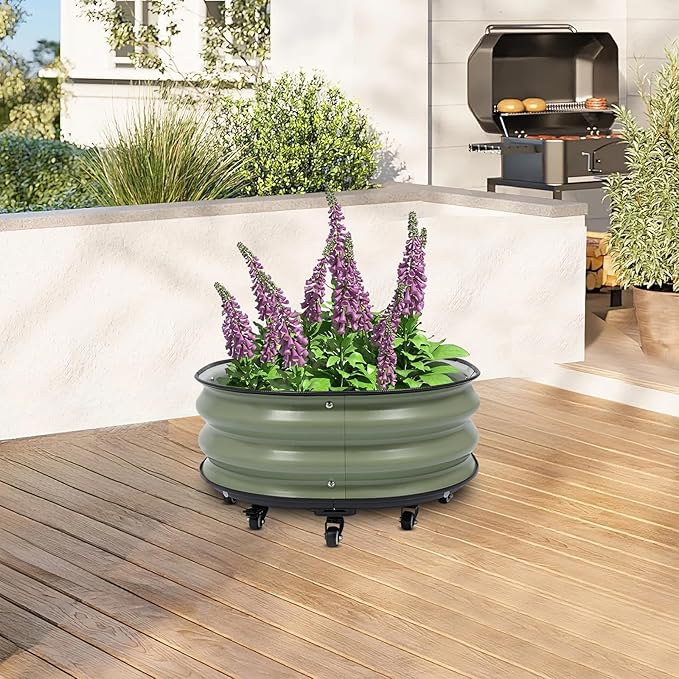 Raised Garden Bed Kits Green Metal Modular Raised Planter Box with 9*Wheels &amp Brakes &amp Gloves Outdoor Round Planter Box for Vegetables Fruits Flowers Herbs 23.62 * 11.81 inch