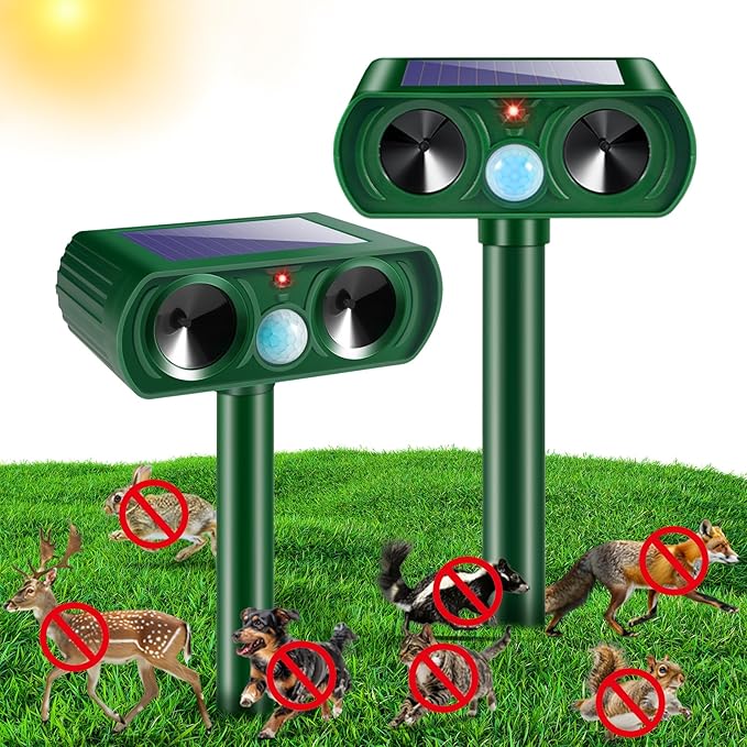 2 Pack Solar Ultrasonic Animal Repeller Outdoor Cat Deer Repellent Devices with Motion Sensor IP65 Waterproof Animal Deterrent Devices for SquirrelsRabbitsDogsRaccoonsSkunks for Garden Yard Farm