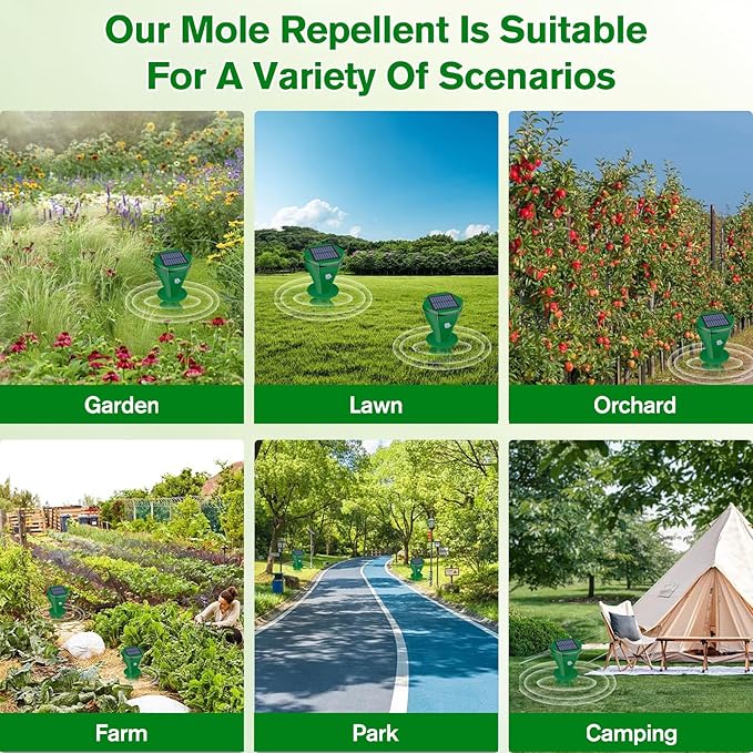 Mole Repellent Solar Powered UltrasonicDeer Repellent DevicesGopher Trap Groundhog RepellerSonic Spikes Get Rid of All Pests Vole ChipmunkCatSkunkSnakeMole Trap for Lawn Garden Yard (4P)
