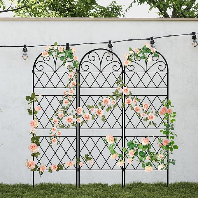 Garden Trellis for Climbing Plants 3 Pack 38 Wx 64.6 H Rustproof Flower Trellis with Black Coating Outdoor Climbing Rose Trellis Cucumbers Support for Courtyards Lawns (Diamond-Shaped Grid)