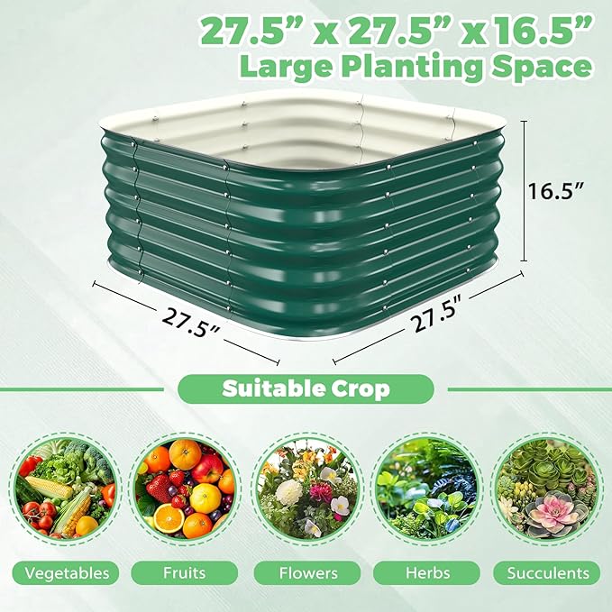 Galvanized Raised Garden Bed 2.3x2.3x1.5ft Garden Planter Bed Outdoor Heavy Duty Rustproof Steel Raised Bed Kit for Gardening Vegetables Fruits Flowers Grow Green