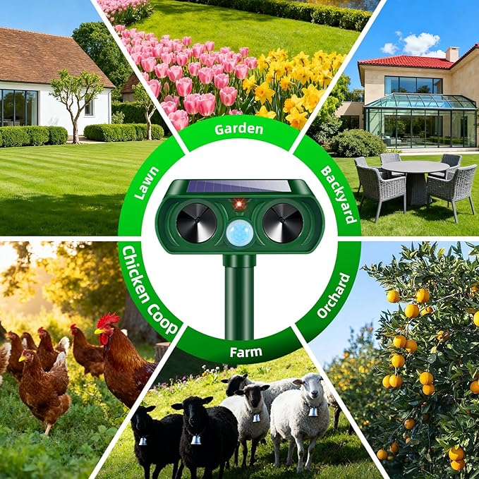 2 Pack Solar Ultrasonic Animal Repeller Outdoor Cat Deer Repellent Devices with Motion Sensor IP65 Waterproof Animal Deterrent Devices for SquirrelsRabbitsDogsRaccoonsSkunks for Garden Yard Farm