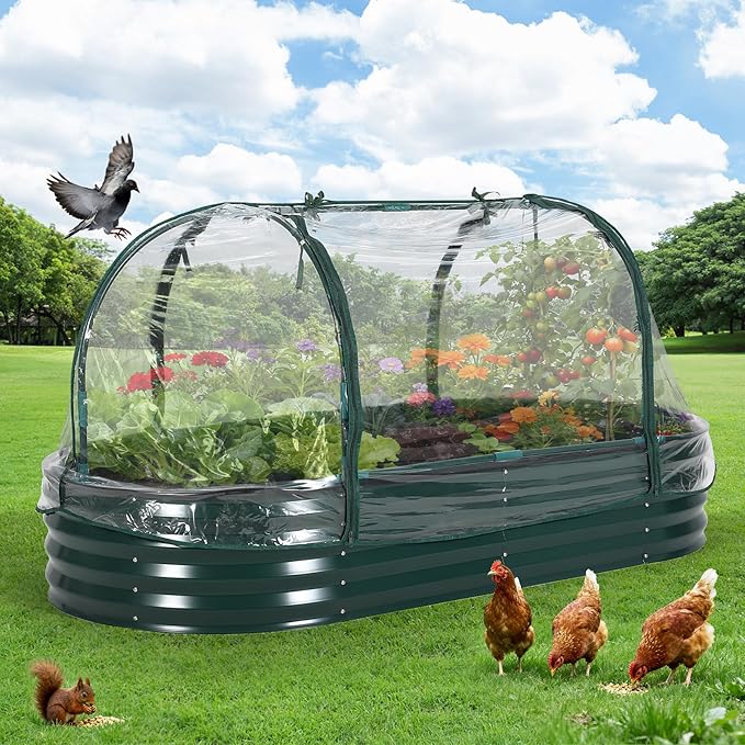 Galvanized Raised Garden Bed Kit with Corrosion-Resistant Steel – Oval Planter Box for Vegetables Flowers &amp Herbs – Durable Reinforced Easy To Assembly – Includes Zippered PVC Cover Green
