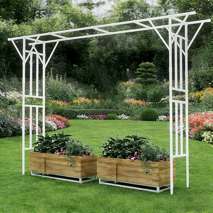Flat Top Garden Arch Trellis Pergola 11.8 x 9.02 FT Large Metal Arbor for Climbing Plants Plastic-Coated Galvanized Steel Frame Outdoor Decorative Arch for Garden Backyard Lawn (White)