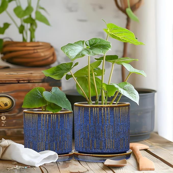 Ceramic Plant Pots with Drainage Holes Set of 2 4.3+5.1 Inch Stripe Garden Planter Pots for Outdoor Indoor Plants Flower Round Succulent Orchid Flower Pot Blue