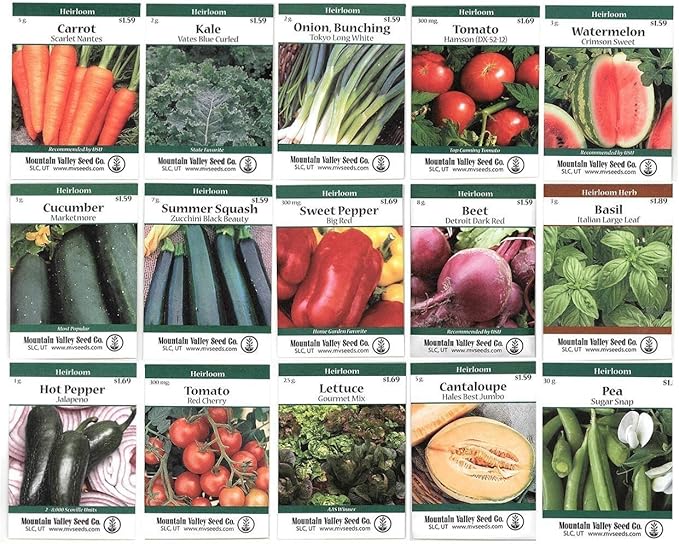 Heirloom Vegetable Garden Seed Collection – Assortment of 15 Non-GMO Easy Grow Gardening Seeds: Carrot Onion Tomato Pea Cucumber Beets Basil More