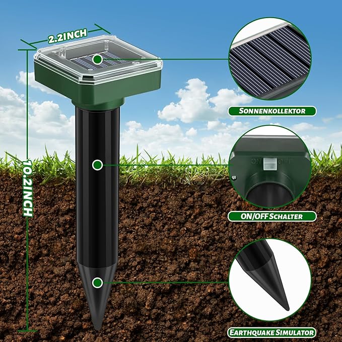 Mole Repellent Solar Powered 10 PackUltrasonic Vole Repellent Outdoor IP 44 Waterproof Animal Deterrent for Yard GardenEffective Get Rid of Gopher Raccoon Squirrel Groundhog Chipmunk