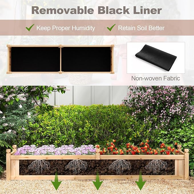 Giantex Wood Raised Garden Bed Planting Bed with Corner Drainage Non-Woven Liner for Growing Vegetables Flowers Herbs Fruits 89”x23.5”x16” Divisible Planter Box for Backyard Garden Lawn