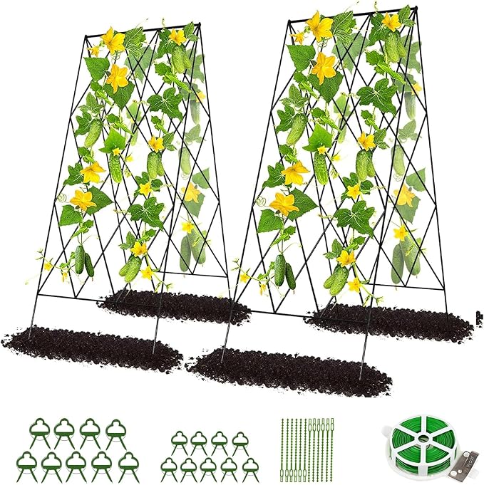 DoCred Cucumber Trellis 2 Pack Metal Foldable A Frame Garden Trellis for Raised Bed Climbing Plants Vegetables Includes Plant Support Clips Twist Ties Plastic Ties A Frame Trellis Black