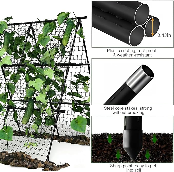 Cucumber Trellis Set A-Shaped Plant Holder with Garden Net &amp Plant Clips Adjustable Width Trellis Metal Plant Support for Climbing Plants Flowers Useful Plants 120 x 120 cm Black
